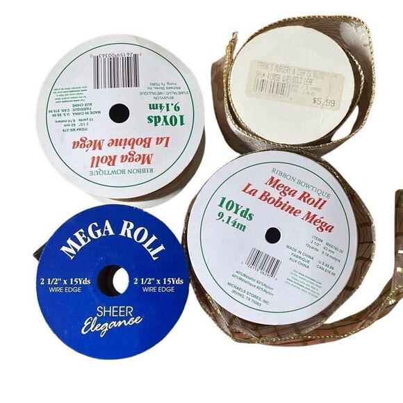 Lot Of 11 Vintage Spools Gold Ribbon Some Wired Craft New Old Stock NOS Christma - Picture 4 of 8